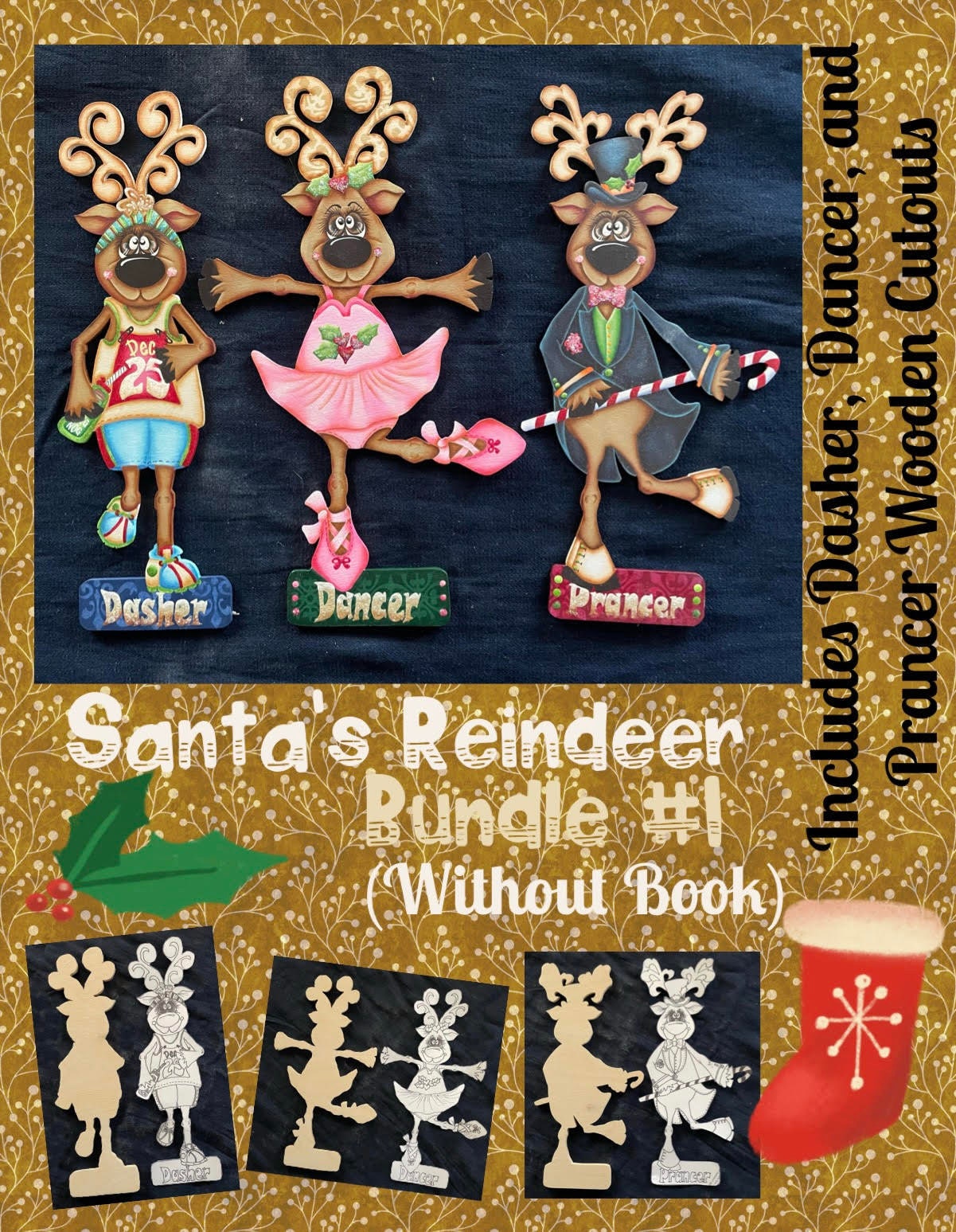 Santa's Reindeer--Bundle #1 (WITHOUT book)-by Sharon Cook (includes Dasher,  Dancer, and Prancer Reindeer wooden cutouts) - Etsy.de, image size:1201x1547