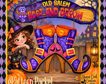 Old Salem Boot and Broom ePattern Packet--by Sharon Cook (PDF of step-by-step instructions, progress photos, materials list, line drawing)