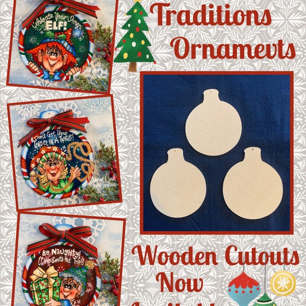 Christmas Traditions Ornaments (Wooden Cutouts) by Sharon Cook (Sold in sets of 3)
