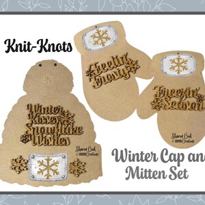 May include: A winter-themed set featuring a cap and two mittens, all in a light brown color. The cap has the text "Winter Kisses Snowflake Wishes." The mittens say "Feelin' Frosty" and "Freezin' Season."
