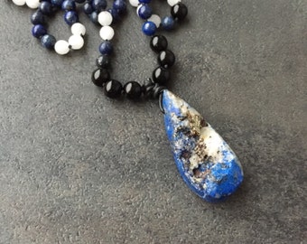 Natural Lapis Gemstone Pendant Mala Necklace, Hand Knotted 108 Beaded, Black Blue Layering 30 Inch, Hippie Festive Gemstone Necklace For Her