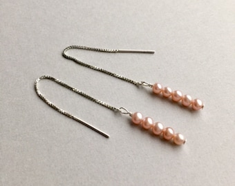 Peachy Pink Pearl Ear Threaders Bridal Jewelry Dainty Pearl Earrings June Birthstone Gifts For Her Blush Pink Pearl Long Dangle Ear Threader