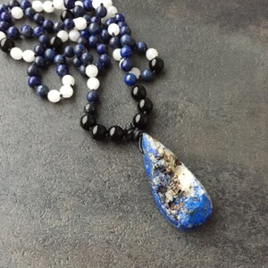 Natural Lapis Gemstone Pendant Mala Necklace, Hand Knotted 108 Beaded, Black Blue Layering 30 Inch, Hippie Festive Gemstone Necklace For Her