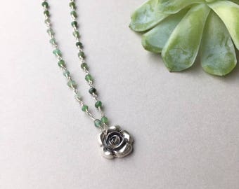 Silver SUCCULENT Pendant Necklace, Silver Rose Pendant, Terrarium Jewelry, Botanical Plant Lover Gifts For Her, Green Gemstone Beaded Choker