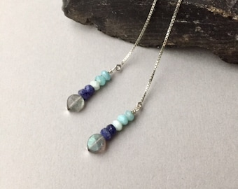 Blue Gemstone Ear Threaders, Labradorite Earrings, Larimar Gifts For Her, Long Sapphire Dangle Earrings