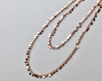 Long Rose Gold Coin Chain, 18 Inch Tiny Sequins Necklace, Tattoo Rose Gold Gypsy Jewelry, Summer Boho Accessory, Gifts For Rose Gold Lover