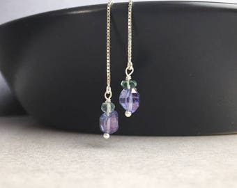 Tanzine Purple Ear Threaders, Tanzanite Quartz Earrings Crystal Quartz Long Ear Dangles December Birthstone Purple Herkimer Ear Threader