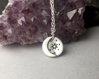 Crescent Silver Moon Pendant, Round Celestial Moon Charm Lunar Moon Star Jewelry For Her Minimalist Round Moon Pendant Layering Jewelry