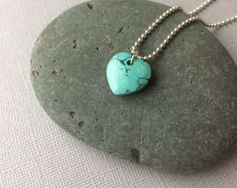 Heart Jewelry, Turquoise Birthstone Gifts, Natural Stone Pendant, Sterling Silver Ball Chain