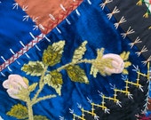 OUTSTANDING Crazy Quilt Navy Blue Satin with Velvet Fans and Feathers Feather Stitching Turn of the Century Fabric Wall Hanging