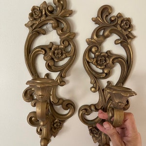 Homco Gold Wall Sconce Candle Holder Vintage Shabby Chic  1974 MCM decor Scroll Regency Wall Decor