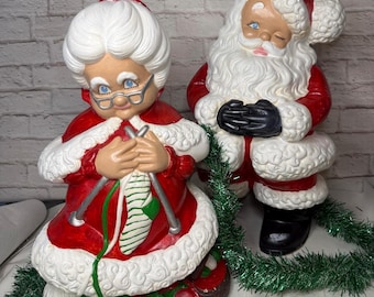 Vintage Santa Claus & Mrs Claus Ceramic Figurines:  LARGE Hobbyist Painted Kitschmas Decor
