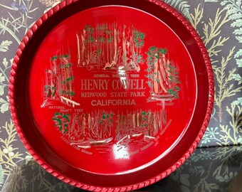 Vintage Henry Cowell California Redwood Star Park General Sherman Tree Souvenir Plate: Red lucite