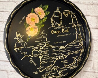 Vintage Cape Cod Souvenir Tin Plate: Massachusetts Map, Floral MCM Decor
