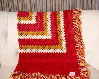 Vintage Handmade Iowa State Afghan Blanket, Red Yellow Throw 1975