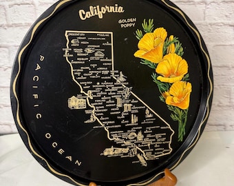 Vintage California Souvenir Tin Plate: Golden Poppy Map Decor