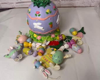Vintage Easter Tree with Wooden Ornaments, Spring Decor Centerpiece