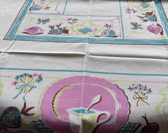 Vintage Tablecloth Mod Fruit for Square Kitchen Table 42 in x 48 in Chartreuse and Plum 1960