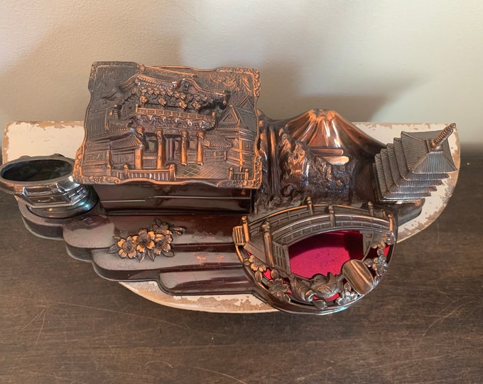 Vintage Asian Smoking Tray With Pagoda Music Box Ashtray Mt Fuji Pagoda