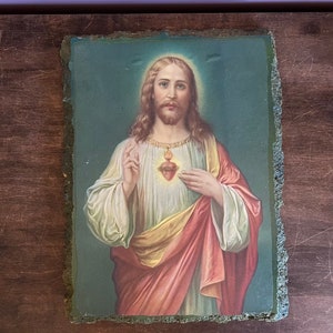 Vintage Sacred Heart Jesus Wall Hanging  Handmade 1960 MCM Religious Decor Green Decoupage Catholic Picture 15x10 inch