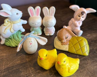 Vintage Ceramic Easter Decor Assortment Bunnies Eggs Chicks Variety Miniatures Handpainted