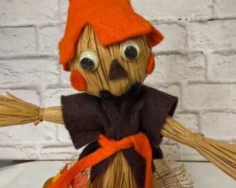 Kitschy Corn Husk Scarecrow Man with Googly Eyes Handmade Autumn Centerpiece Decor