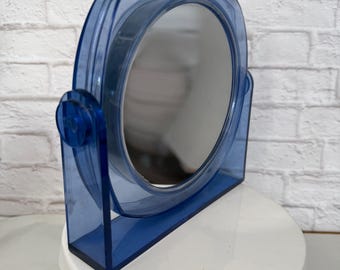 Midcentury Blue Lucite Mirror Round  Boho Vanity Tabletop Double Sided  Make Up Bathroom