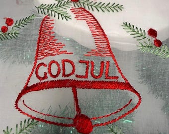 Swedish GOD JUL table top chiffons embroidered runner Swiss Danish Dansk Norwegian 1970