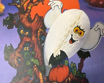 Vintage Halloween Ghost Tree Honeycomb Tissue Centerpiece Ghooly Ghost and Eery Eyes Decoration Tabletop Hallmark 1982