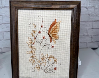 Vintage Framed Butterfly Cross Stitch  Art | Retro MCM Insect Miniature BOHO Picture