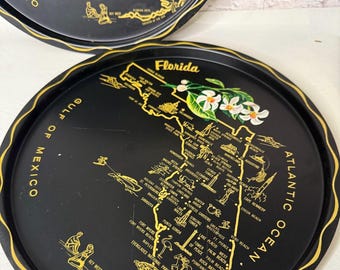 Vintage Florida Souvenir Tin Plate: MCM Map Decor, Gold Accents (Choice of 2)