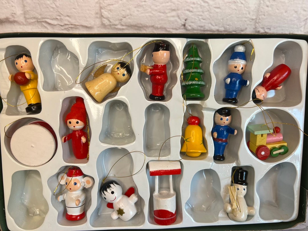 Vintage German Wooden Christmas Ornaments Miniature People Holiday