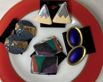 1980 Large Retro Geometric Earrings Choice : Enamel Textured Unique