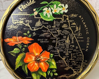 Vintage Florida Souvenir Tin Plate: Orange Blossom, Hibiscus Map Wall Decor