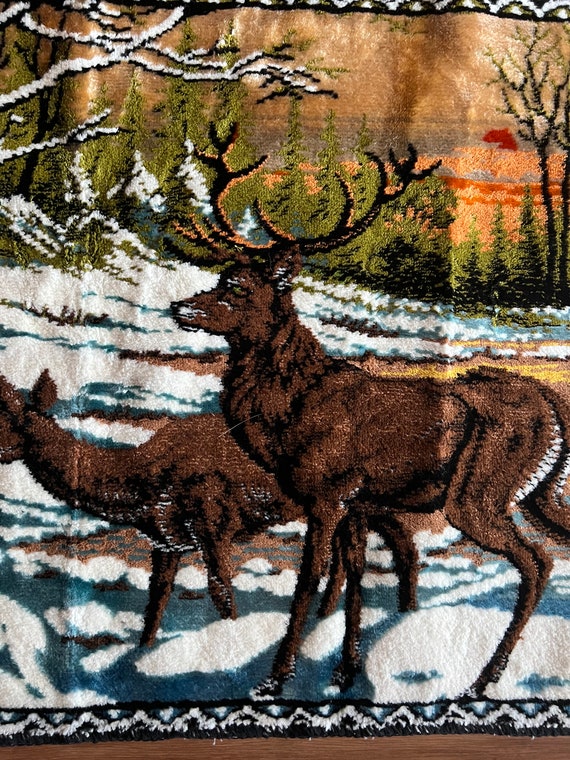 Vintage Velvet Deer Tapestry: Winter Cabin Lodge Wall Hanging