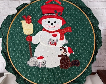 Kitschy Snowman and Forest Animals Appliqué Hoop Fabric Sculpture Handmade Christmas Art Holiday Wall Display