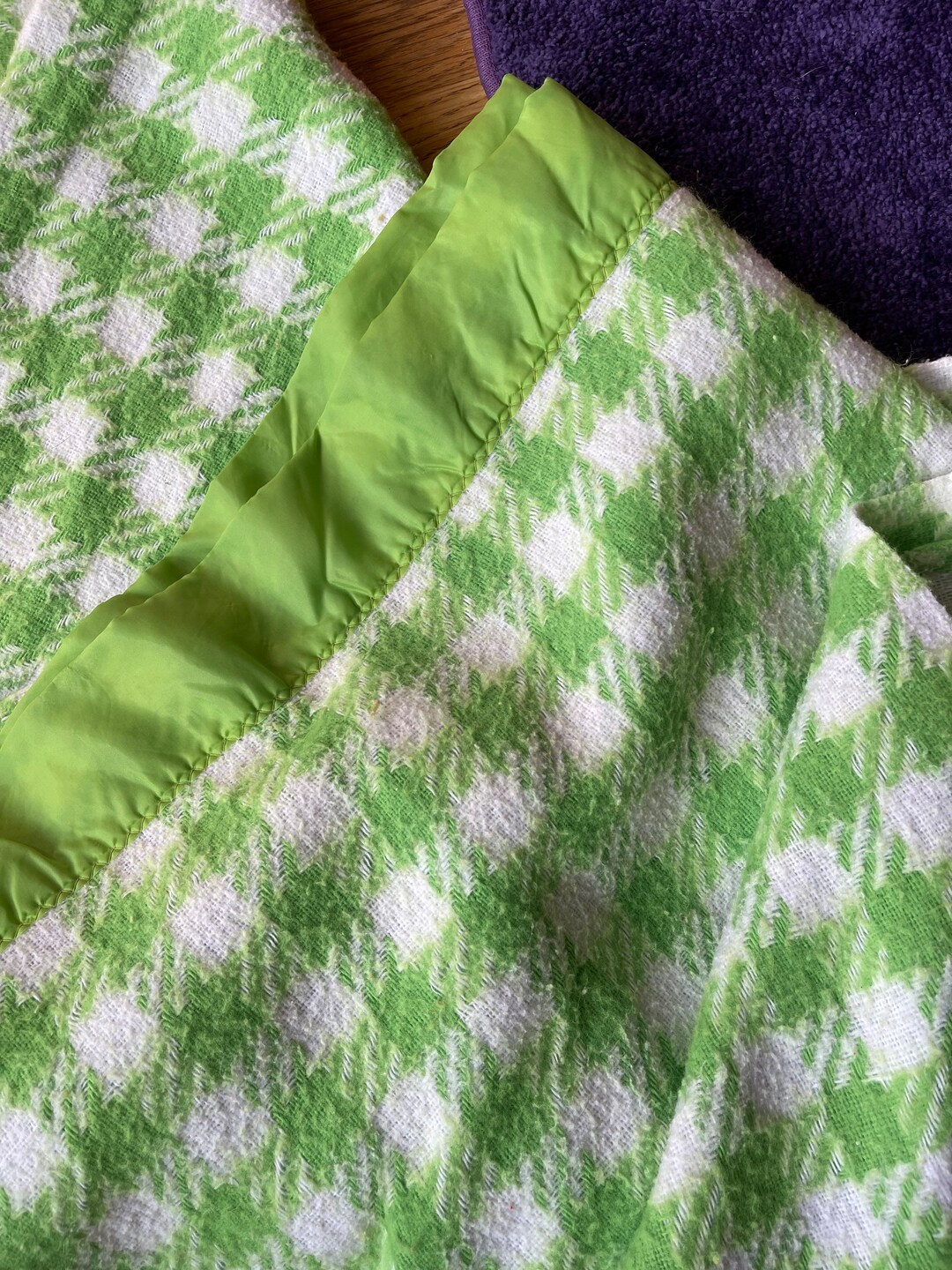 Mcm vintage satin edge blanket lime green and white checkered mid
