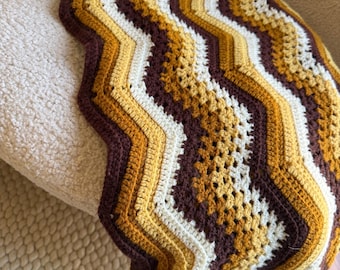 MCM Chevron Afghan Blanket: Hand Knit Boho Throw (45x70) Yellow and Brown