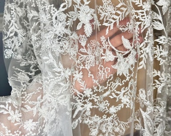 Ivory Beaded Floral Lace Fabric for Bridal Gowns, Couture Wedding Bodice Panel