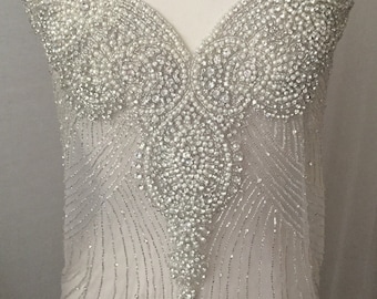 Large 52" Rhinestone Beaded Wedding Applique - White Tulle