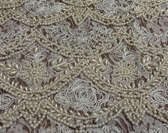 Encaje con cuentas de perlas hechas a mano, tela de novia color marfil cortada a medida. Disponible lista para enviar.