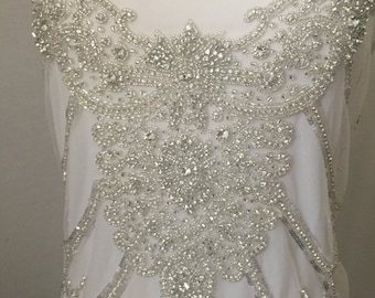 Aplique nupcial de diamantes de imitación con cuentas, adorno de tela de alta costura (52 pulgadas)