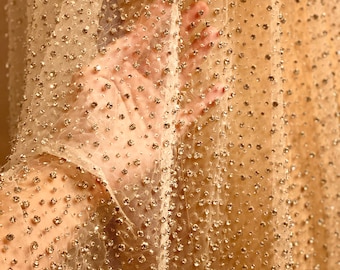 Tela de tul con cuentas de diamantes de imitación hechas a mano: material para vestidos de novia de alta costura