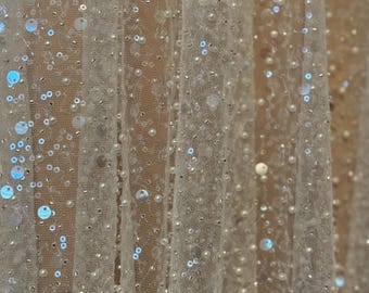 Tela de tul con lentejuelas y cuentas hechas a mano, encaje de alta costura para novias