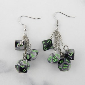 Black, Gray, & Green Gemini Dice Set Mismatched Earrings | D20 | Geek Aesthetic Earrings | DnD Jewelry | Polyhedral Dice | Weird Earrings