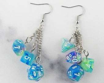 Waterlily Blue & Green Mini Dice Set Mismatched Earrings | D20 | Geek Aesthetic Earrings | DnD Jewelry | Polyhedral Dice | Weird Earrings