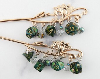 Jade Green Dice on Rose Gold Floral Hair Sticks | Hair Pin | Funky Unique Accessories | Weird Hair Jewelry | Beaded Hair Pins