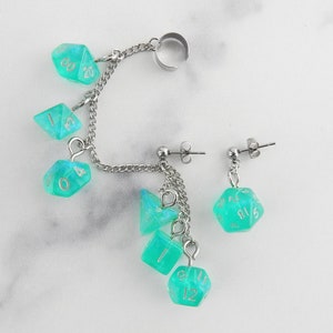 Turquoise Stardust Polyhedral D20 Mini Dice Ear Cuff Chain | Geek Aesthetic Earrings | DnD Jewelry | Ear Climber | Weird Earrings
