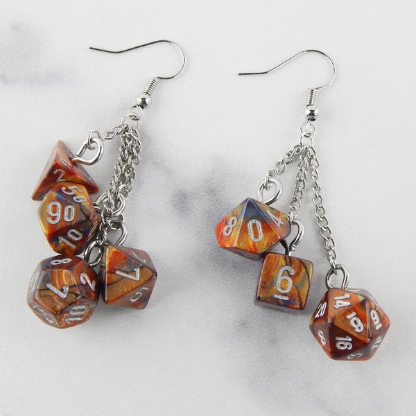 Metallic Gold Dice Set Mismatched Earrings | D20 | Geek Aesthetic Earrings | DnD Jewelry | Polyhedral Dice | Weird Earrings