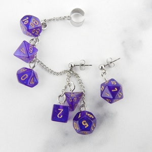 Royal Purple Borealis Polyhedral D20 Mini Dice Ear Cuff Chain | Geek Aesthetic Earrings | DnD Jewelry | Ear Climber | Weird Earrings